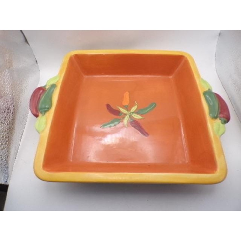 Studio D Handpainted Stoneware Square Baking Dish Chili Pepper Handles Oven Safe